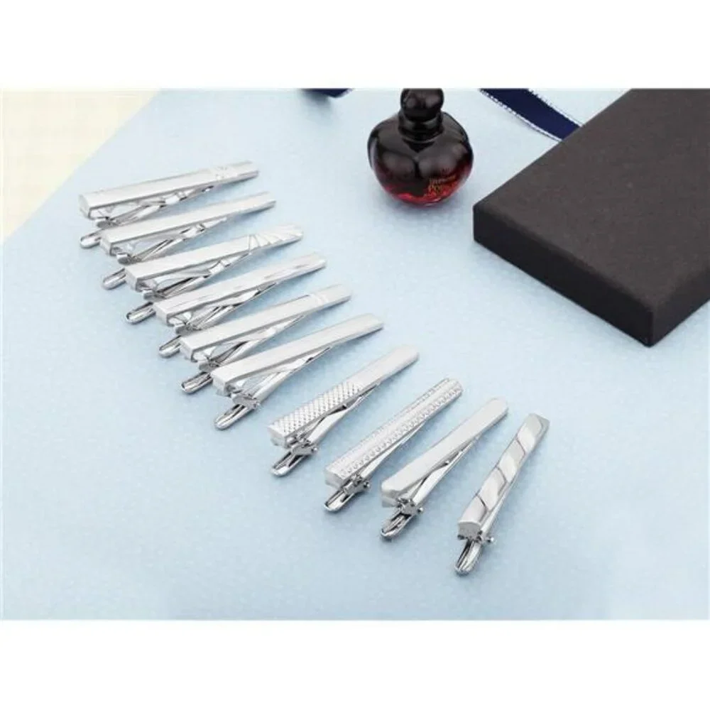 Mens silver tie clip set 10 piece metal tie bar classic formal wedding gift
